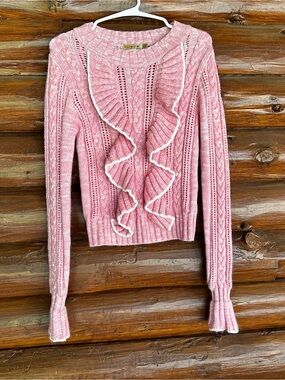 Ruffled Cable-Knit Scoop Sweater - Pink
